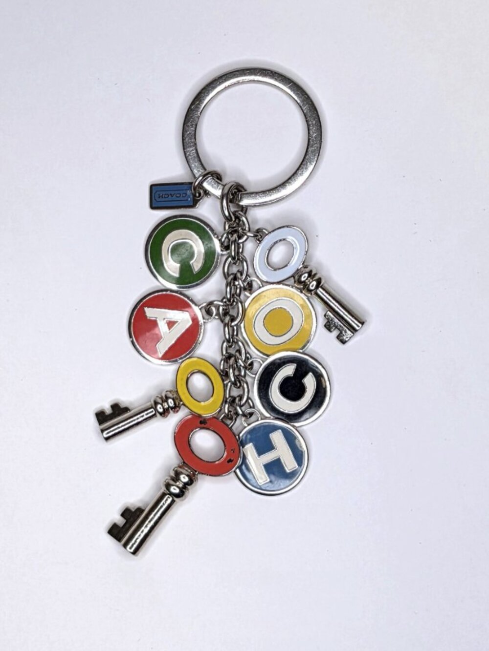 COACH Vintage Bright Colorful Silver Enamel Multi Letter Charm Keychain Key Ring